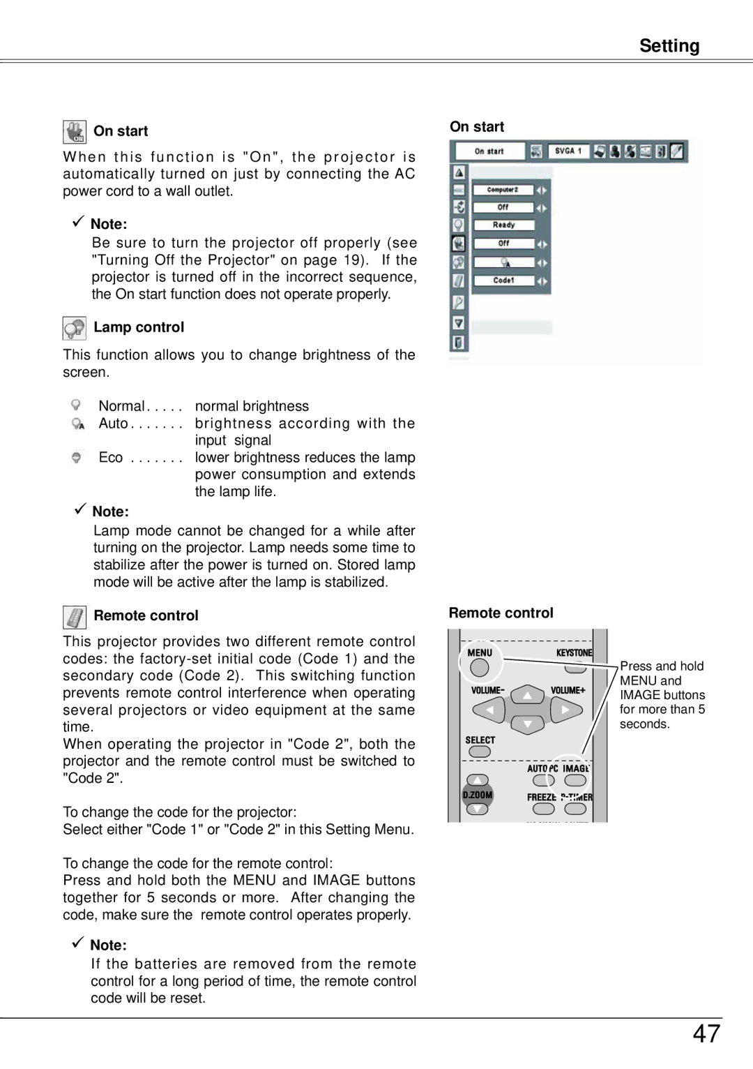 Sanyo PLC-XW57 owner manual Lamp control, On start Remote control 