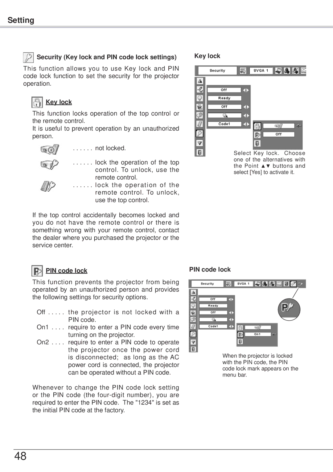 Sanyo PLC-XW57 owner manual Security Key lock and PIN code lock settings 