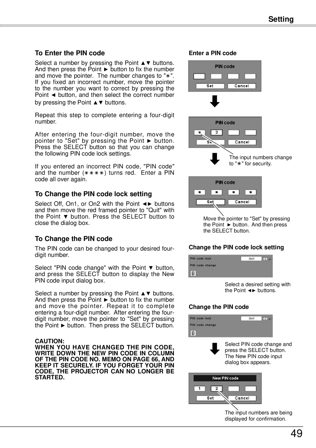 Sanyo PLC-XW57 owner manual Change the PIN code lock setting 