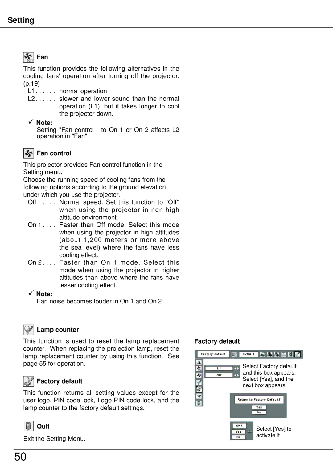 Sanyo PLC-XW57 owner manual Fan control, Lamp counter, Factory default 