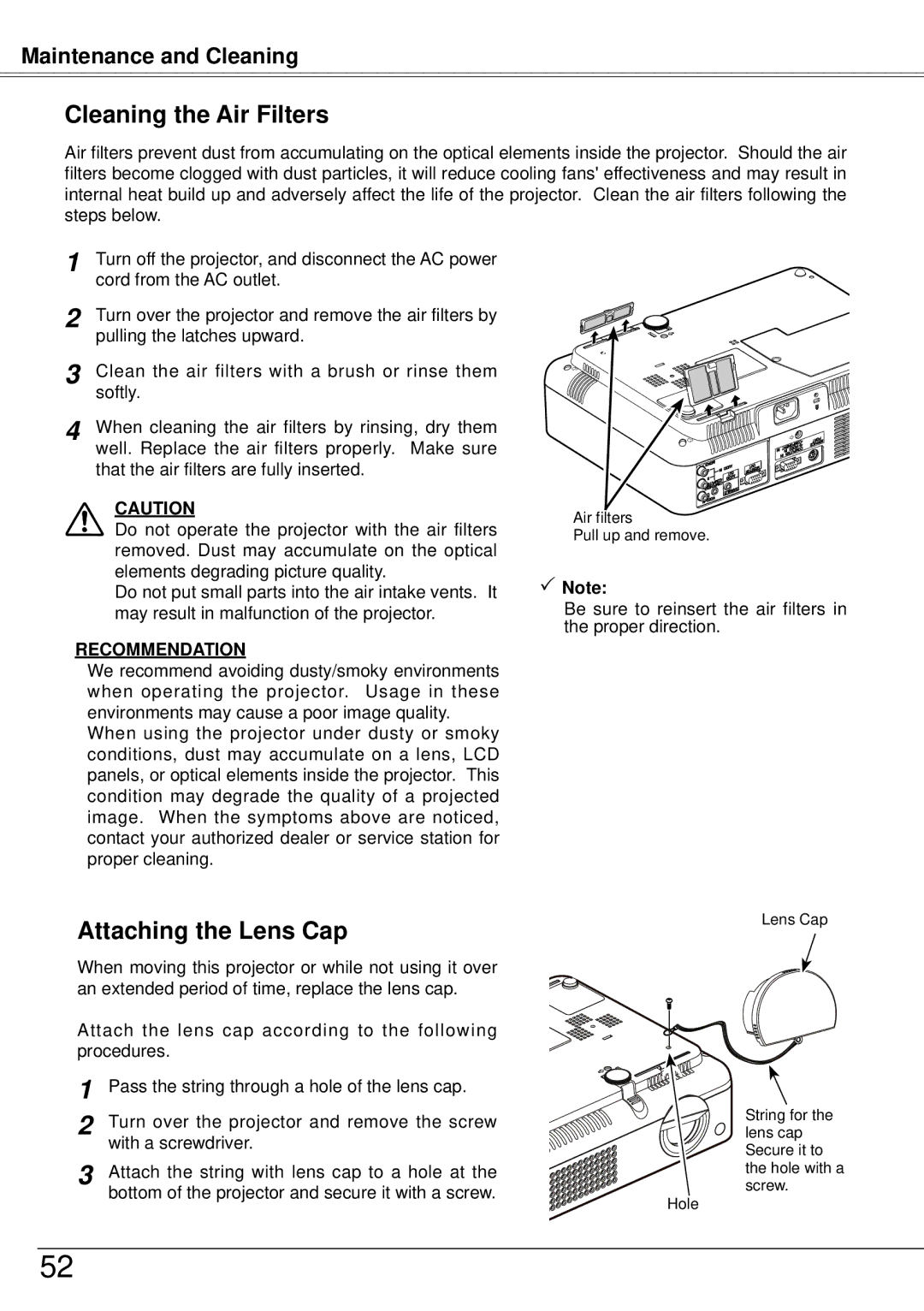 Sanyo PLC-XW57 owner manual Cleaning the Air Filters, Attaching the Lens Cap 