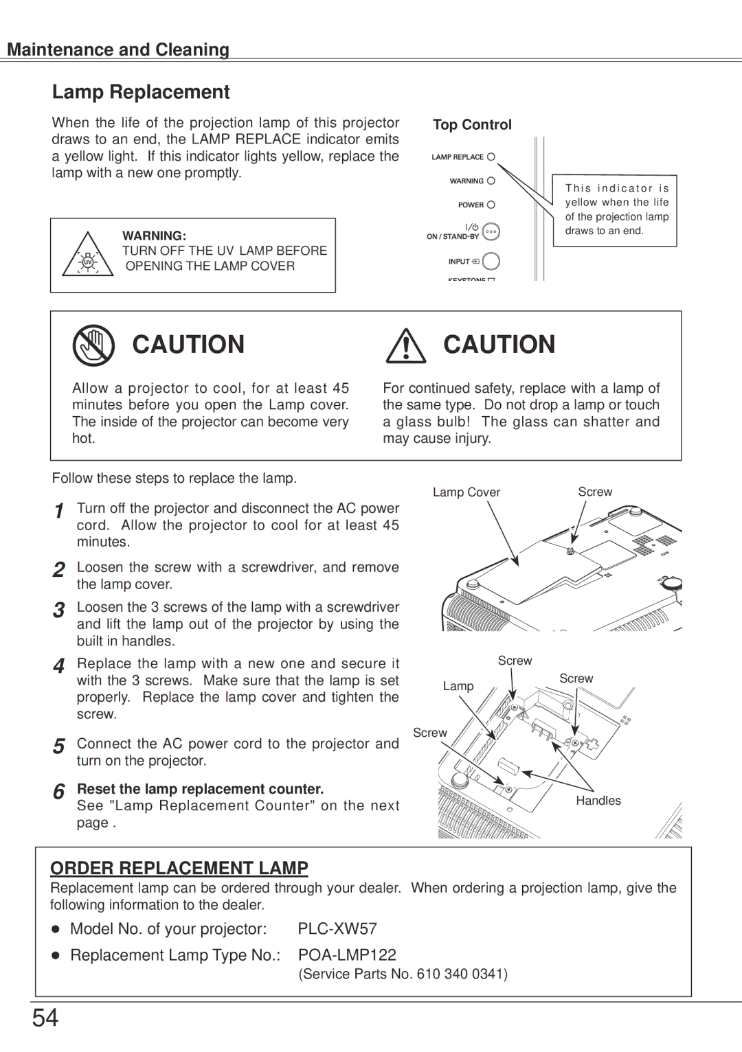 Sanyo PLC-XW57 owner manual Lamp Replacement, Reset the lamp replacement counter 