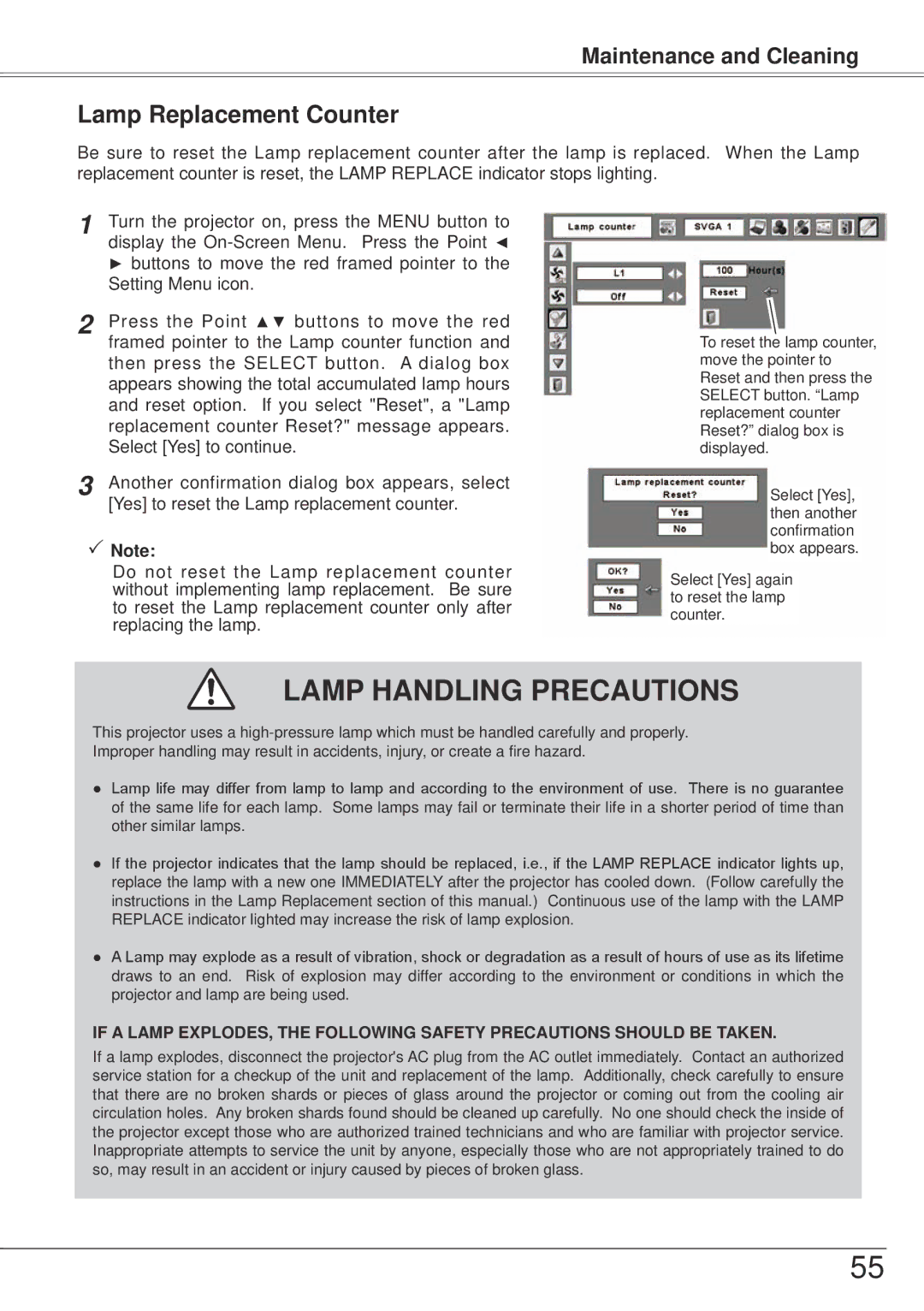 Sanyo PLC-XW57 owner manual Lamp Handling Precautions, Lamp Replacement Counter 