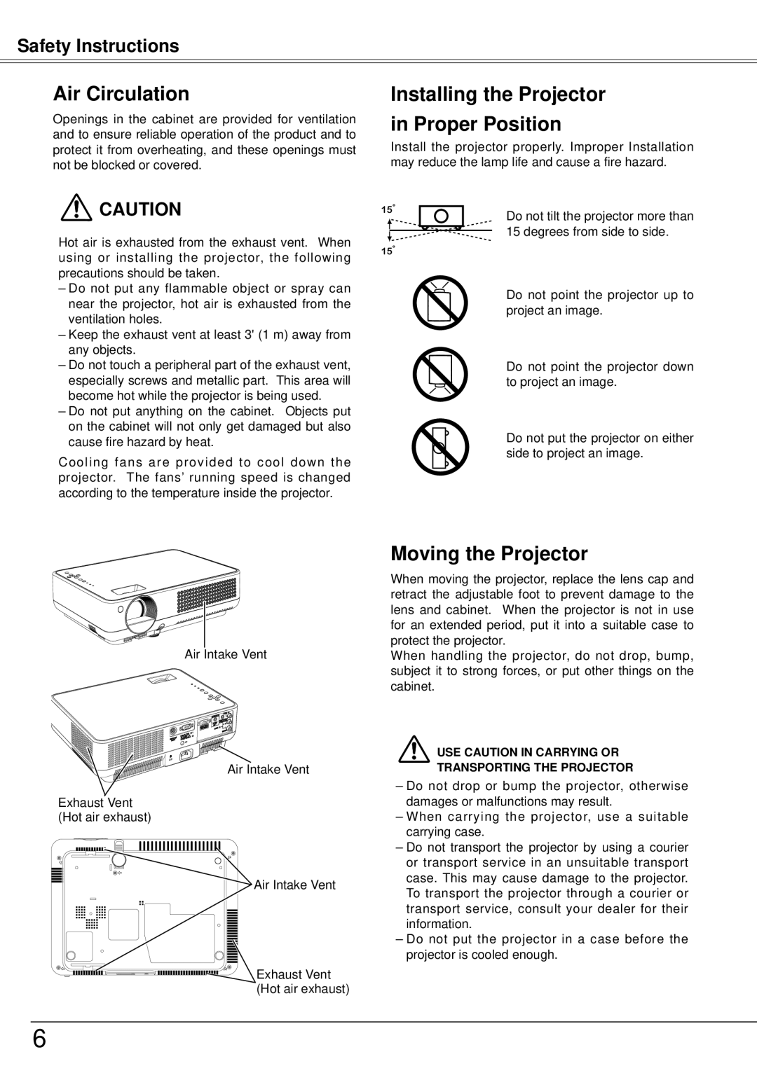 Sanyo PLC-XW57 owner manual Air Circulation, Installing the Projector in Proper Position, Moving the Projector 