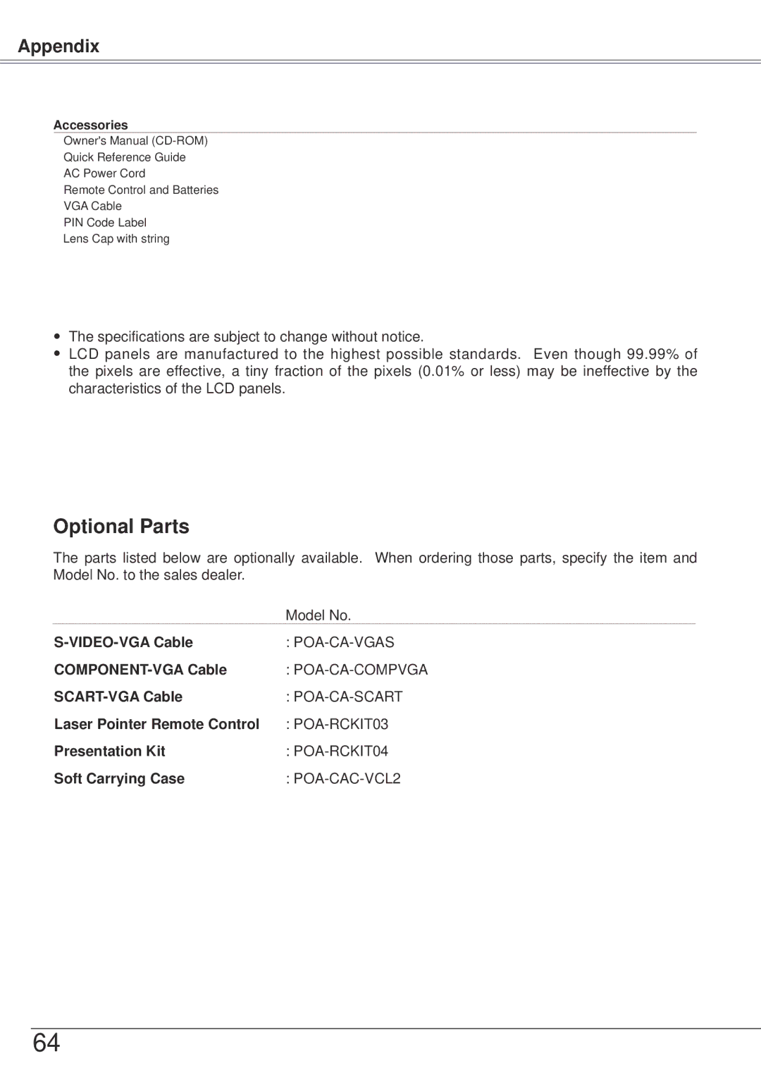 Sanyo PLC-XW57 owner manual Optional Parts 