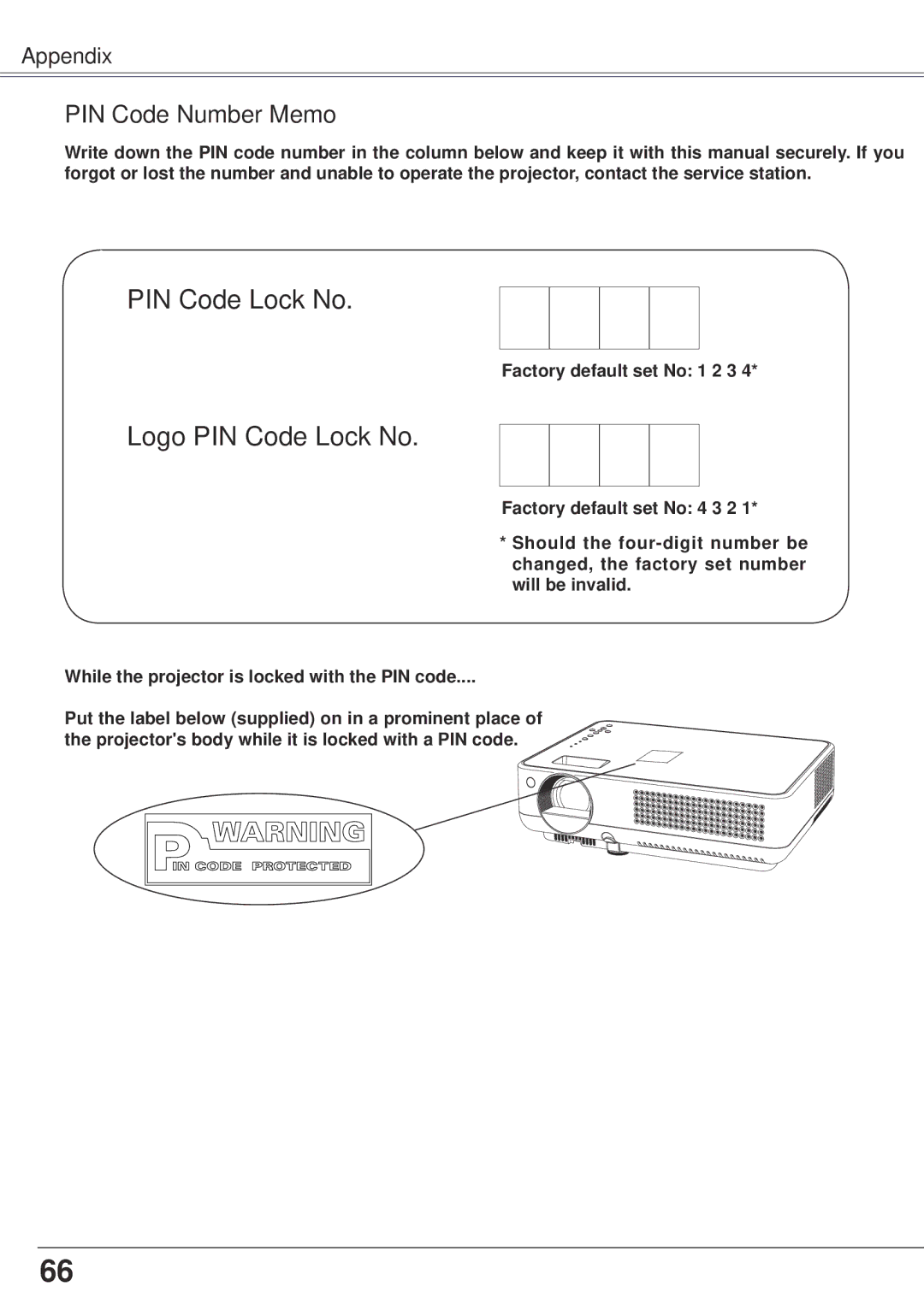 Sanyo PLC-XW57 owner manual Logo PIN Code Lock No, PIN Code Number Memo 