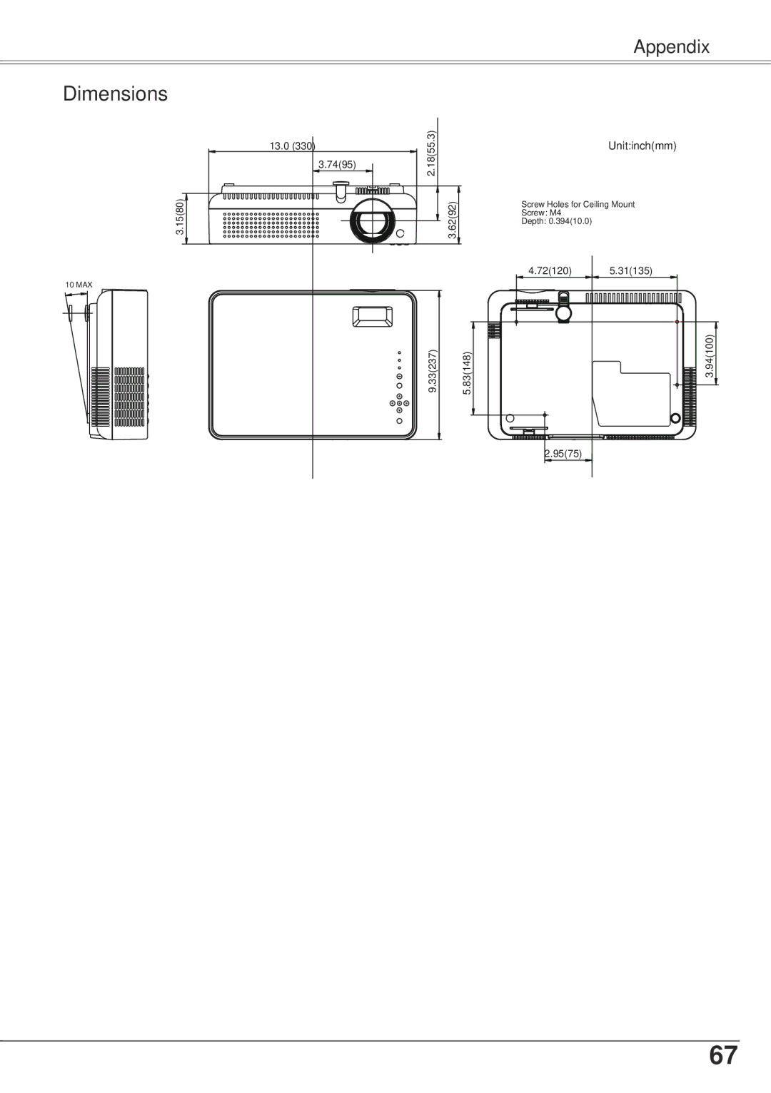 Sanyo PLC-XW57 owner manual Dimensions 