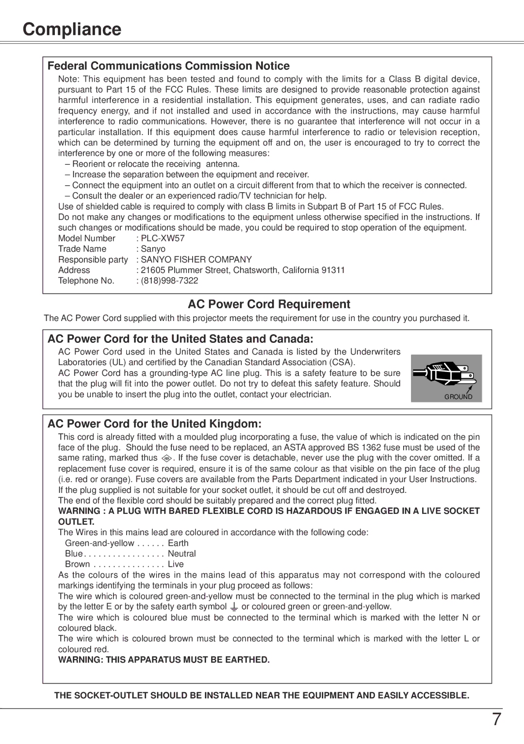 Sanyo PLC-XW57 owner manual Compliance, Federal Communications Commission Notice 