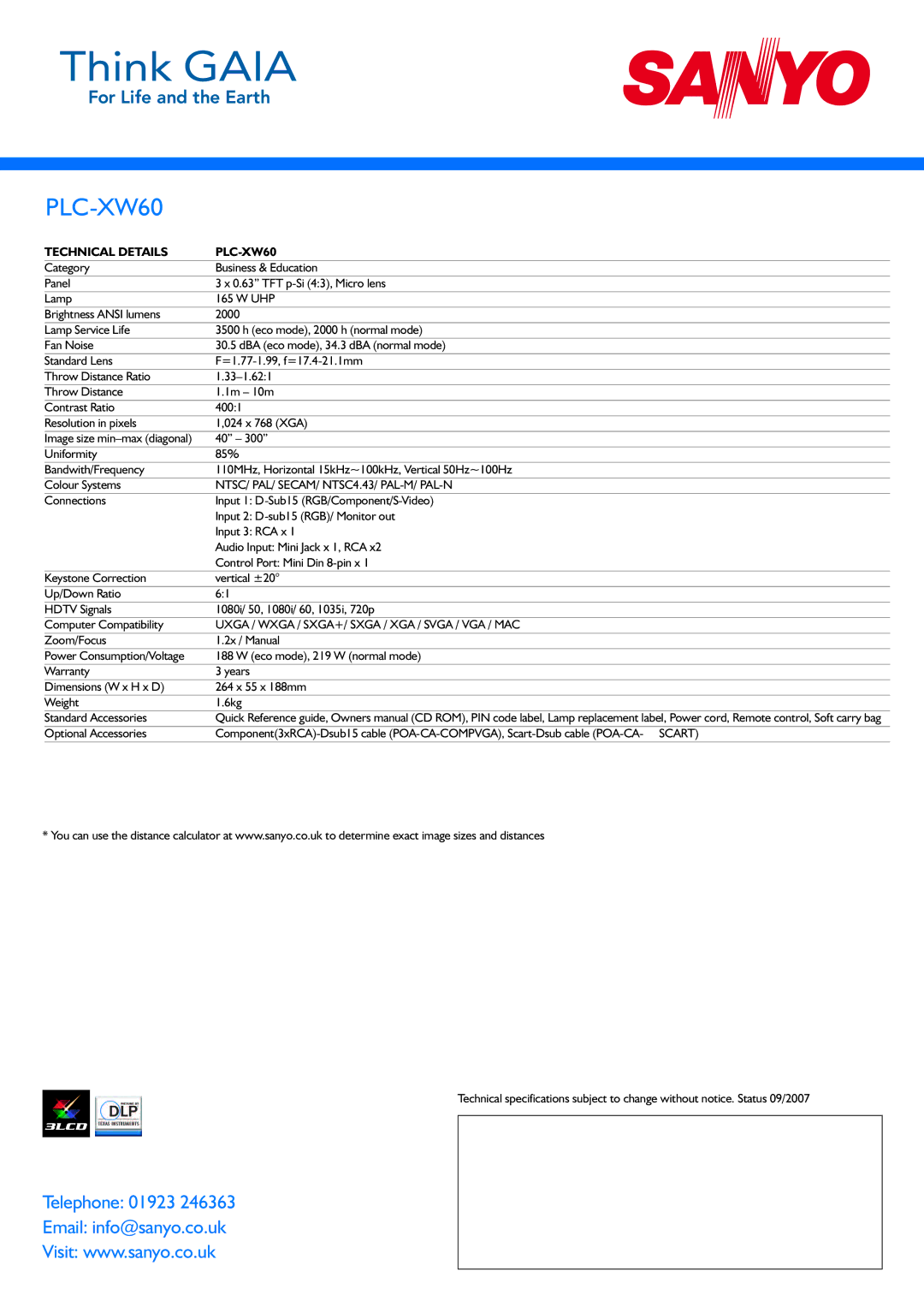 Sanyo warranty Technicaldetails PLC-XW60, NTSC/ PAL/SECAM/ NTSC4.43/PAL-M/PAL-N 