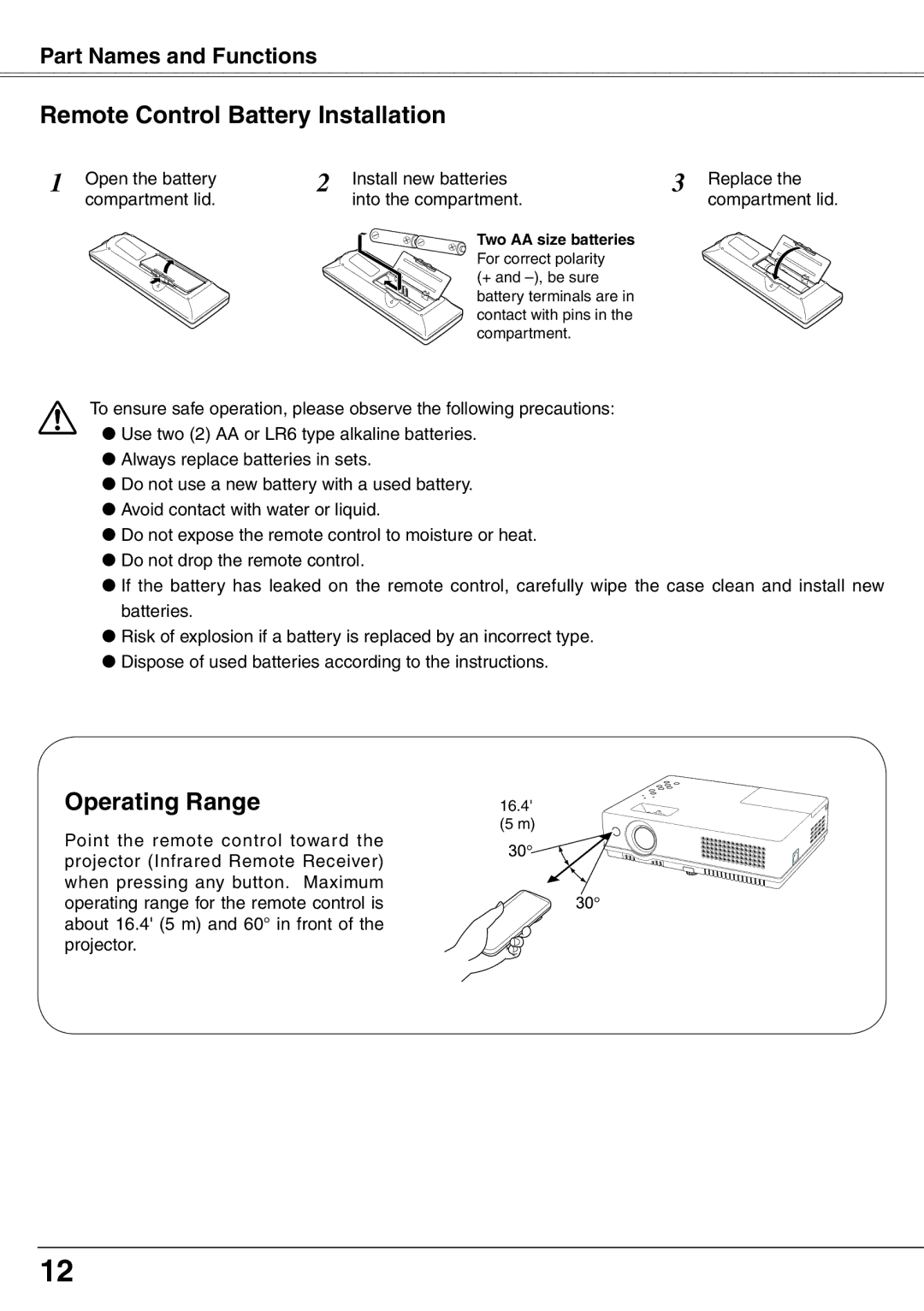 Sanyo PLC-XW65K owner manual Remote Control Battery Installation, Operating Range, Two AA size batteries 