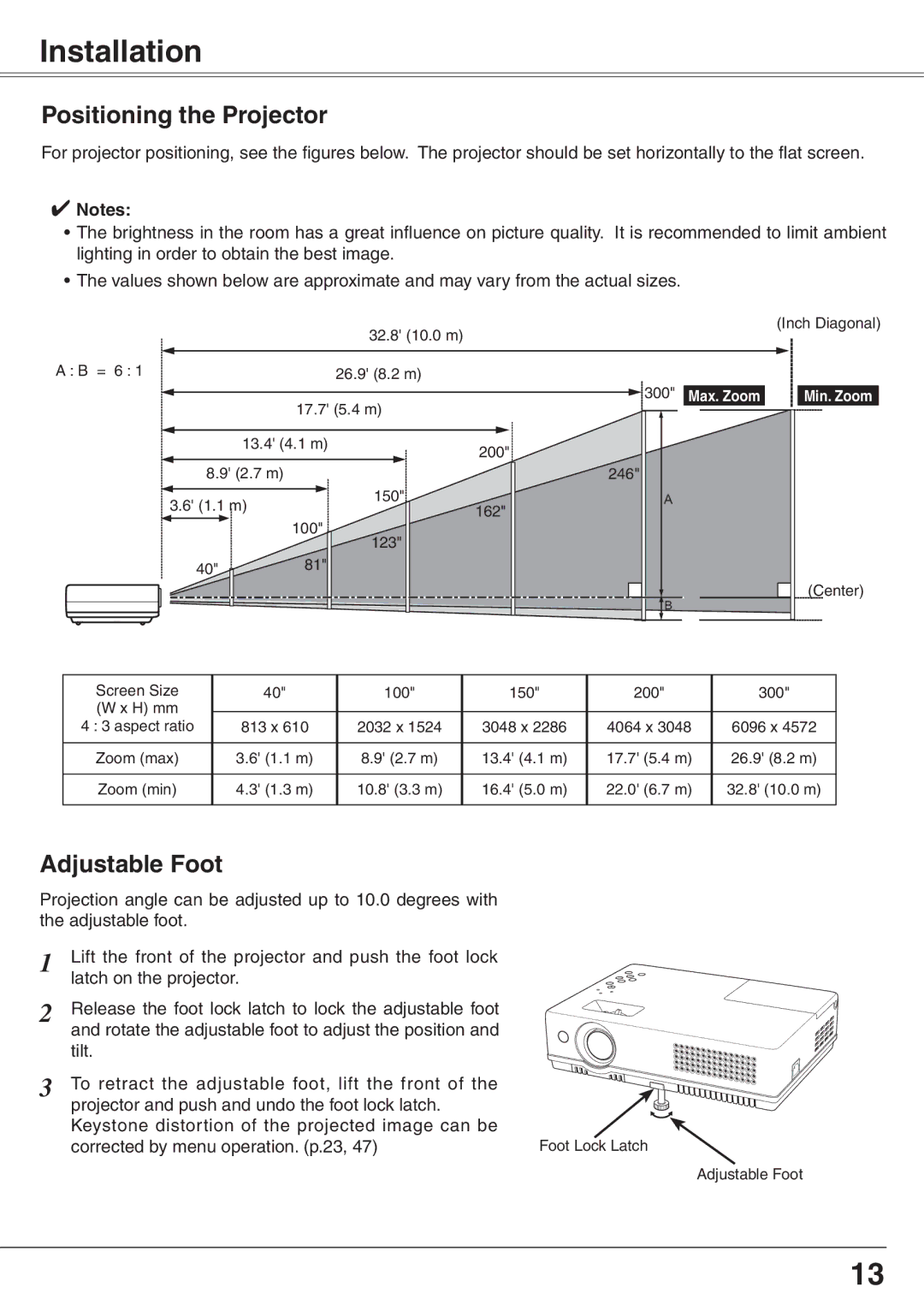 Sanyo PLC-XW65K owner manual Installation, Positioning the Projector, Adjustable Foot 