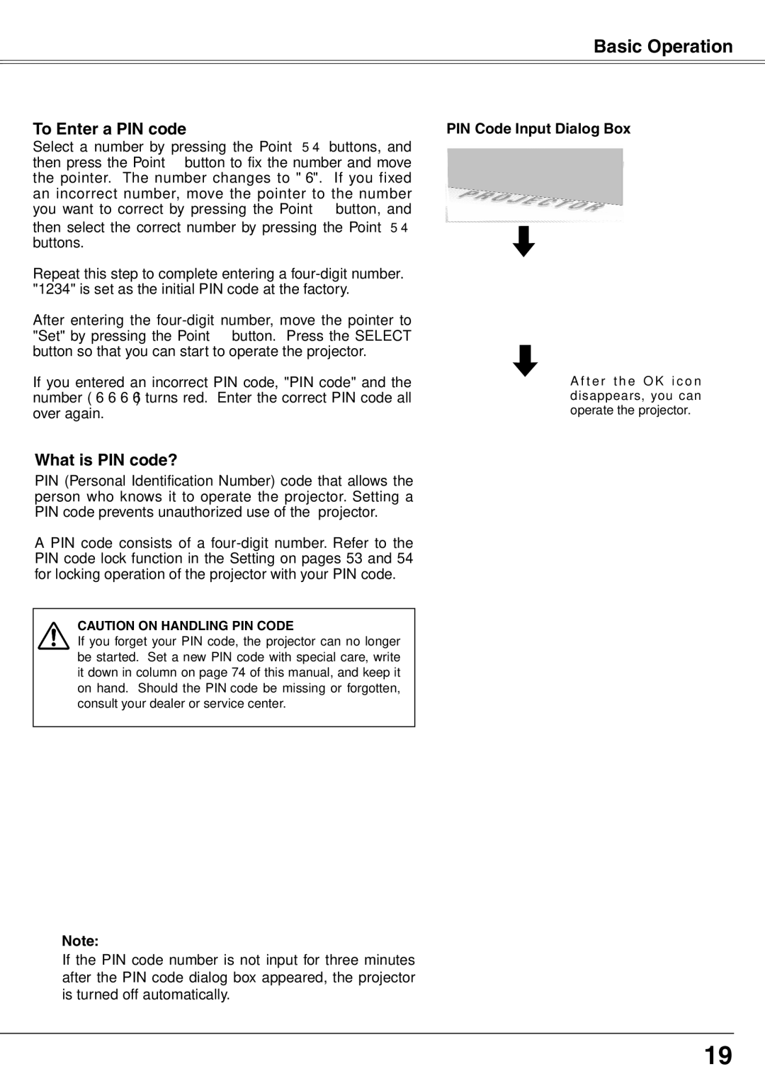 Sanyo PLC-XW65K owner manual Basic Operation, PIN Code Input Dialog Box 