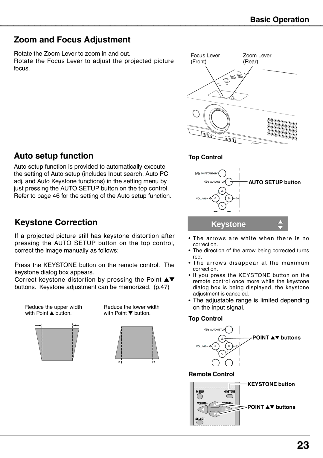 Sanyo PLC-XW65K owner manual Zoom and Focus Adjustment, Auto setup function, Keystone Correction 