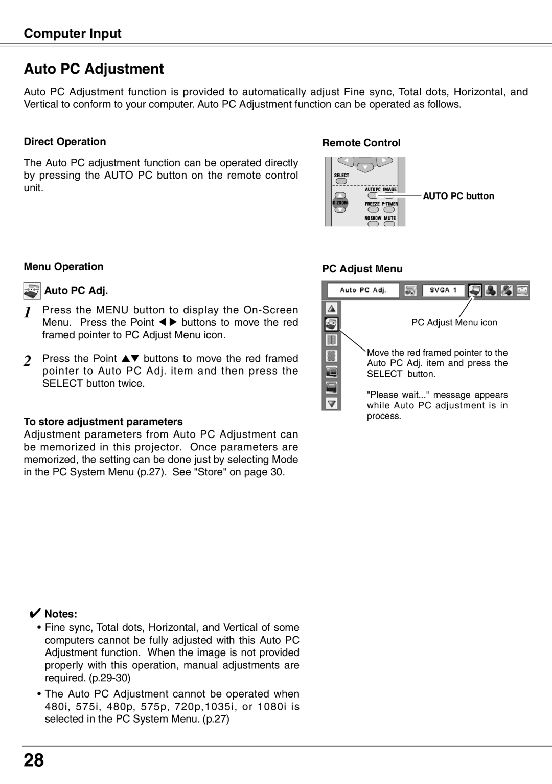 Sanyo PLC-XW65K owner manual Auto PC Adjustment, Menu Operation Auto PC Adj, To store adjustment parameters 