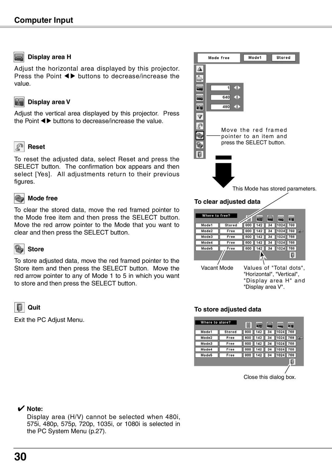 Sanyo PLC-XW65K owner manual Display area H, Reset, Mode free, Store, Quit, To clear adjusted data, To store adjusted data 