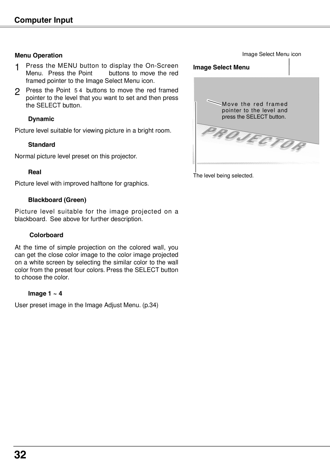 Sanyo PLC-XW65K owner manual Image Select Menu icon 