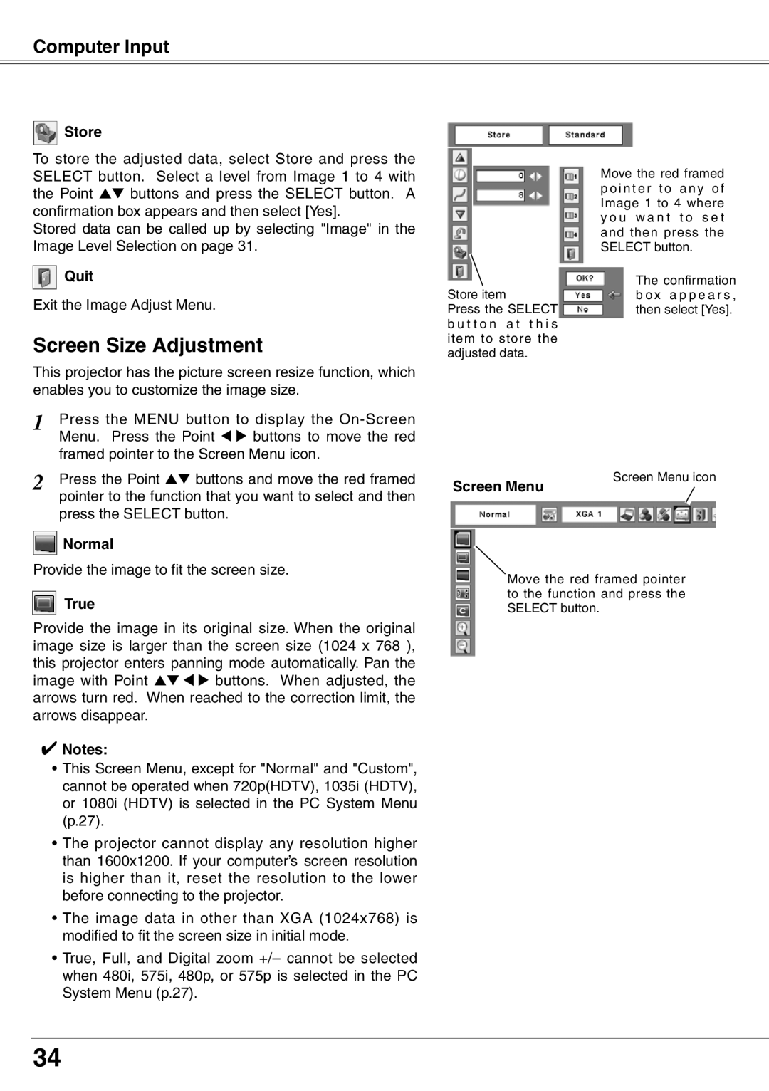 Sanyo PLC-XW65K owner manual Screen Size Adjustment, Normal, True 