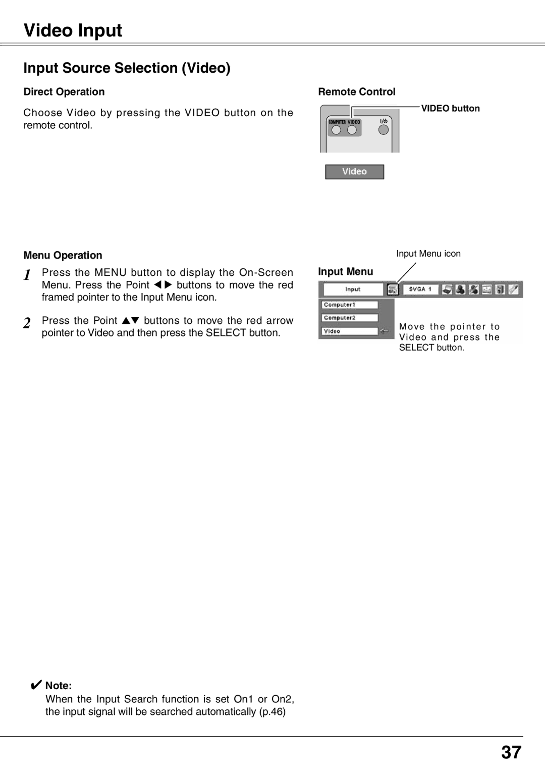 Sanyo PLC-XW65K owner manual Video Input, Input Source Selection Video, Video button 