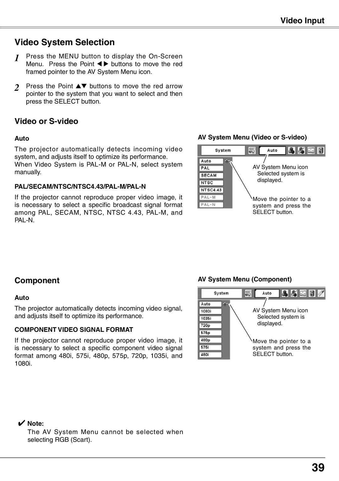 Sanyo PLC-XW65K owner manual Video System Selection, Auto, AV System Menu Video or S-video, AV System Menu Component 