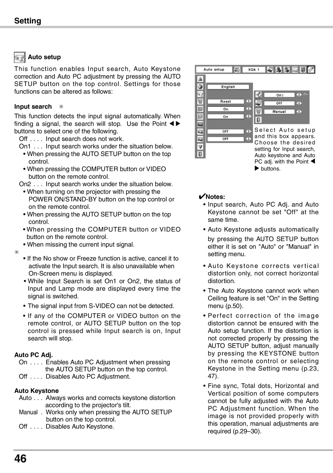 Sanyo PLC-XW65K owner manual Auto setup, Input search, Auto Keystone 