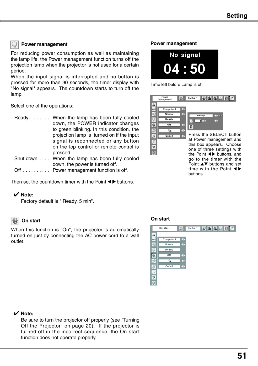 Sanyo PLC-XW65K owner manual Power management, On start 