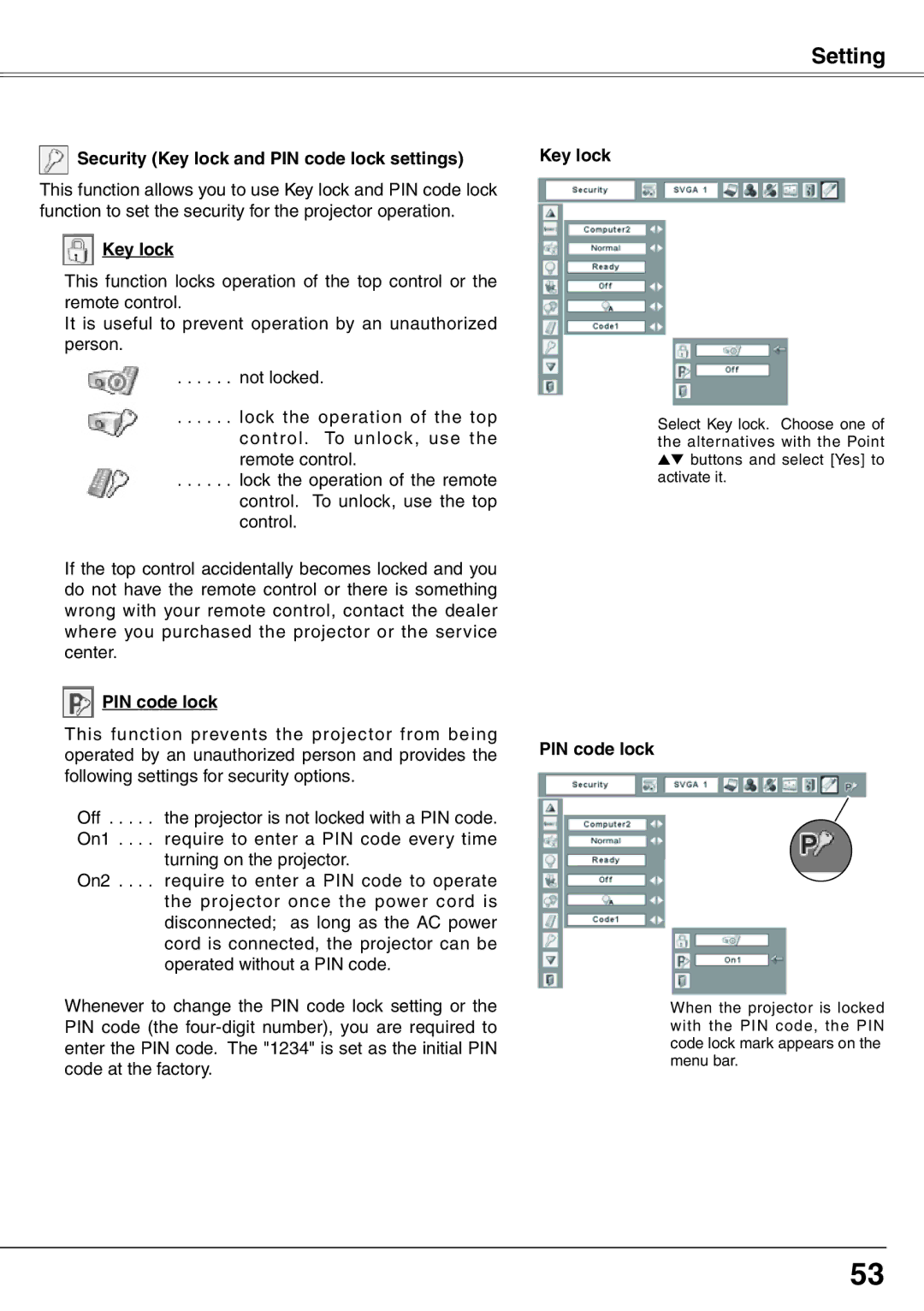 Sanyo PLC-XW65K owner manual Security Key lock and PIN code lock settings 