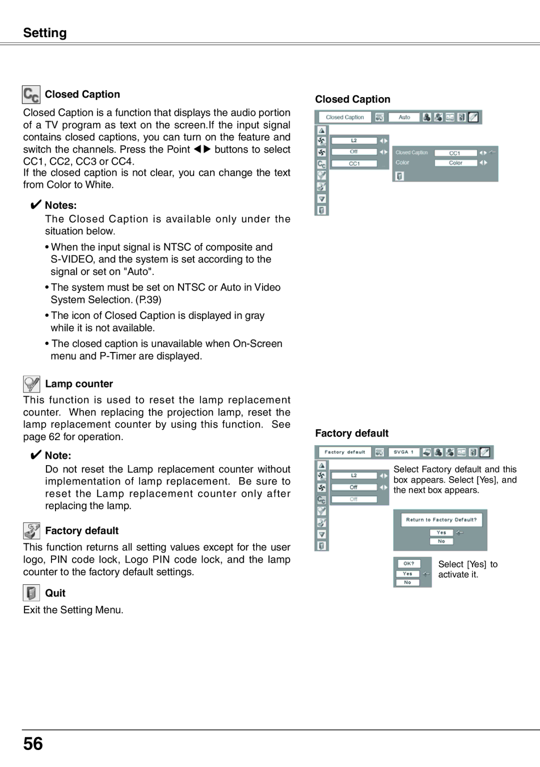 Sanyo PLC-XW65K owner manual Lamp counter, Closed Caption Factory default 