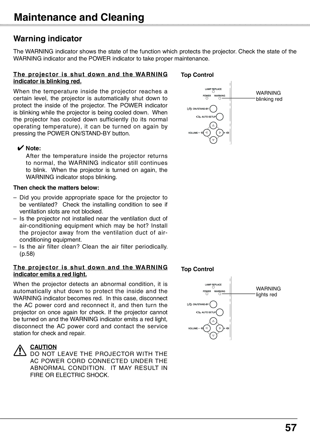 Sanyo PLC-XW65K owner manual Maintenance and Cleaning, Then check the matters below, Projector is shut down and the Warning 