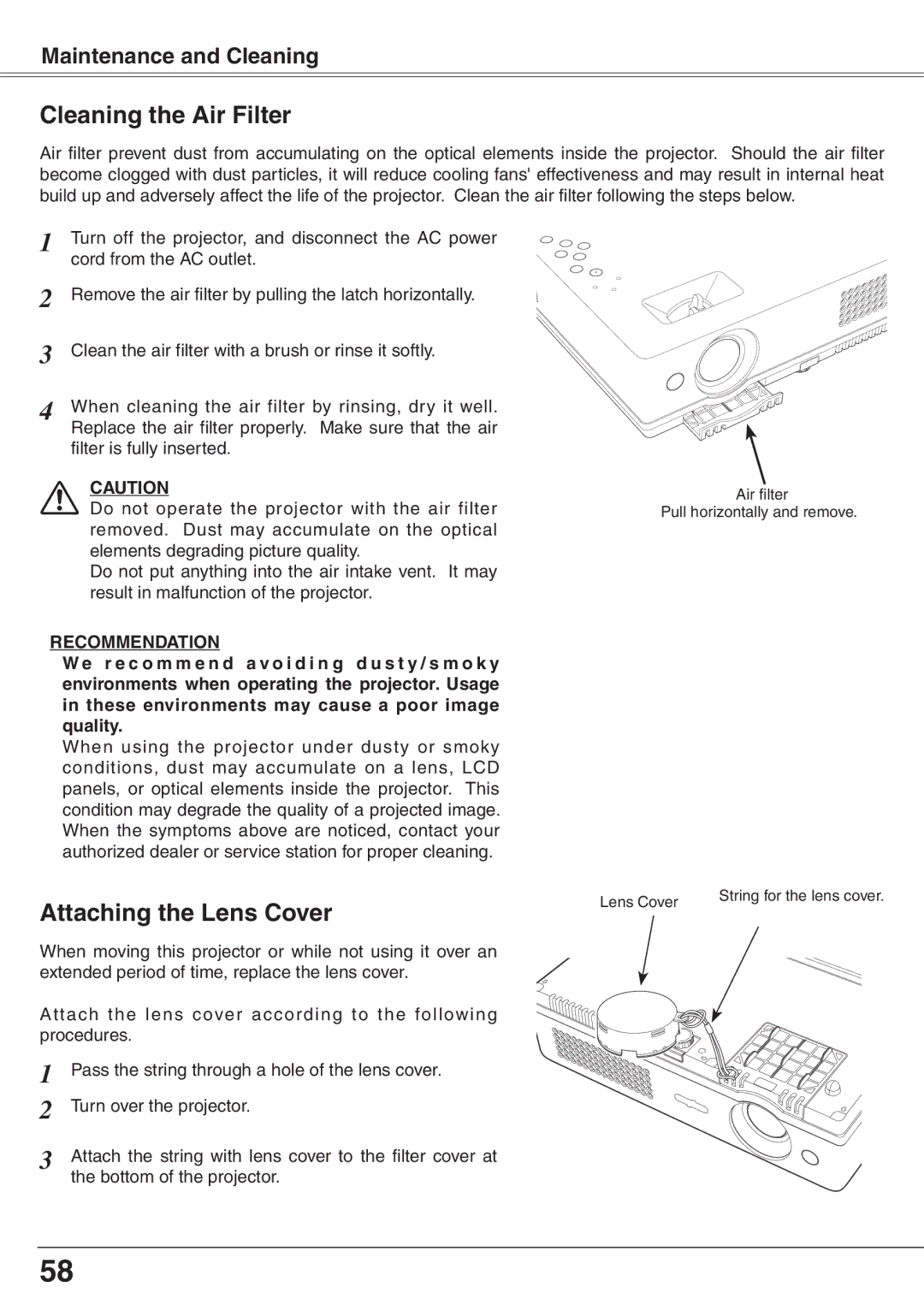 Sanyo PLC-XW65K owner manual Cleaning the Air Filter, Attaching the Lens Cover 