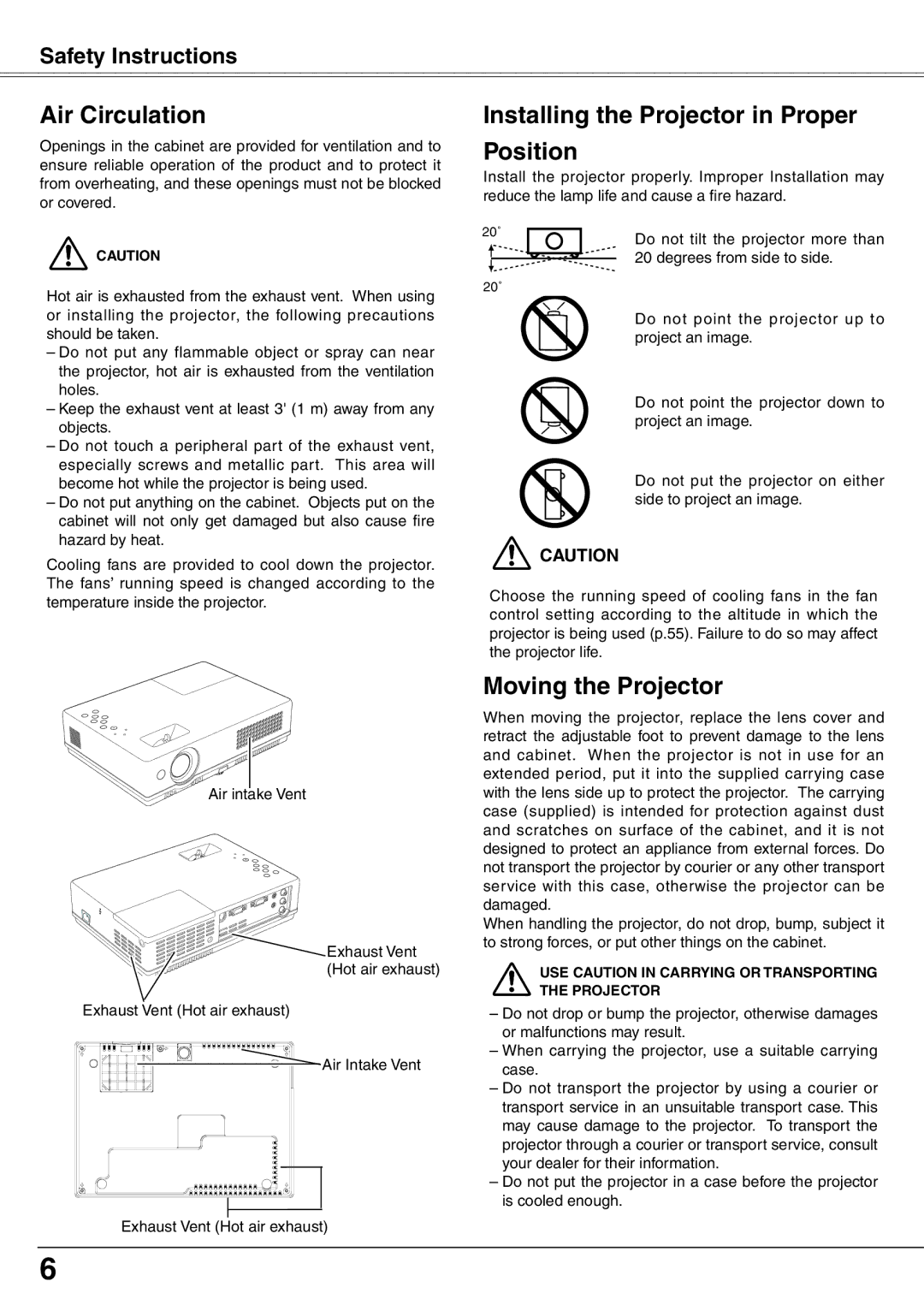 Sanyo PLC-XW65K owner manual Air Circulation, Installing the Projector in Proper Position, Moving the Projector 