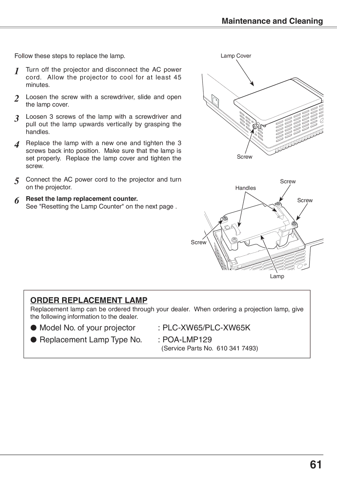 Sanyo PLC-XW65K owner manual Order Replacement Lamp, Reset the lamp replacement counter 