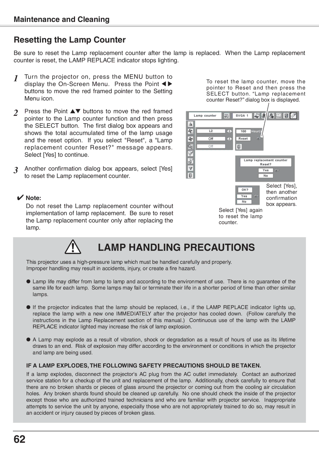Sanyo PLC-XW65K owner manual Lamp Handling Precautions, Resetting the Lamp Counter 