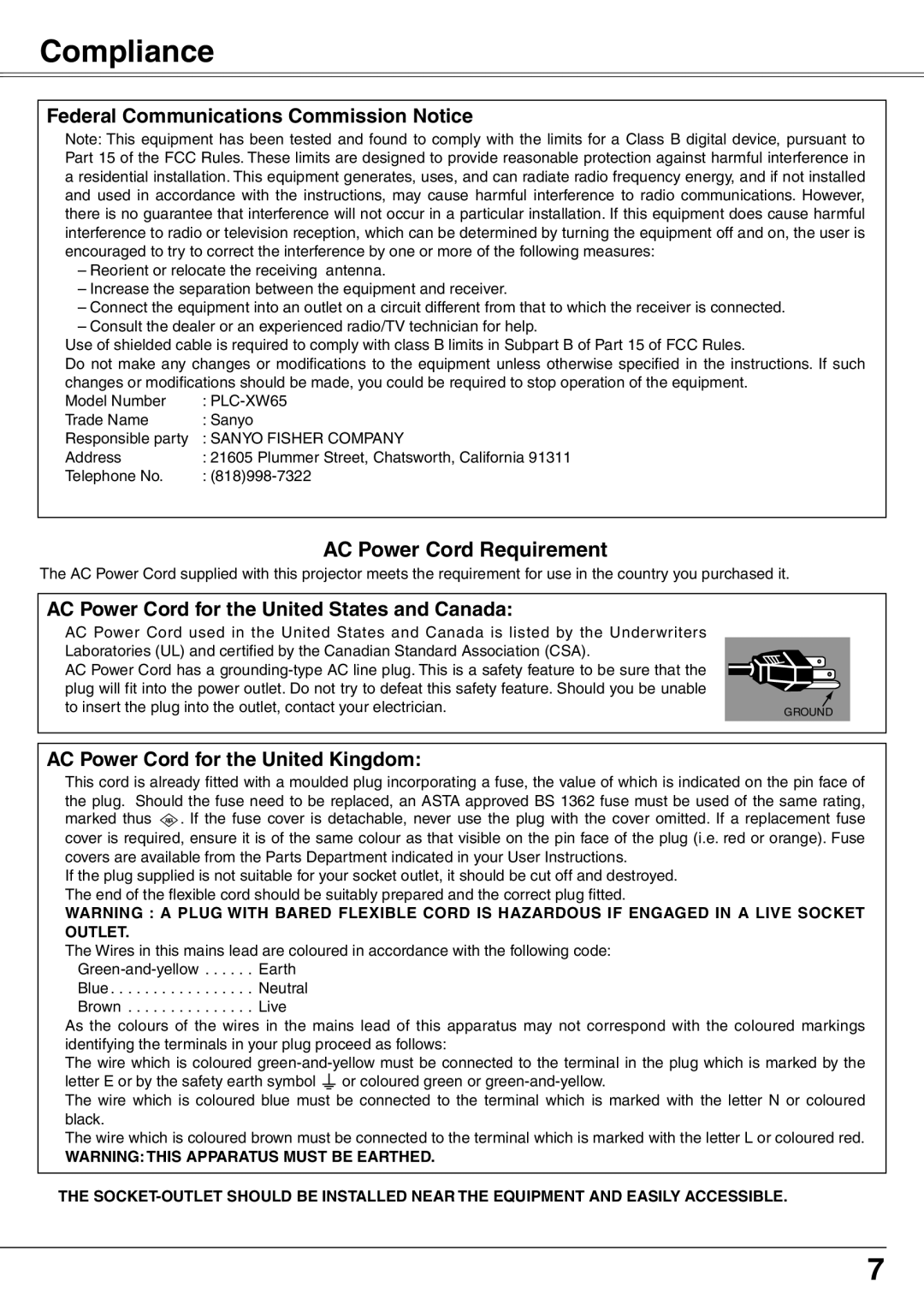 Sanyo PLC-XW65K owner manual Compliance, Federal Communications Commission Notice 