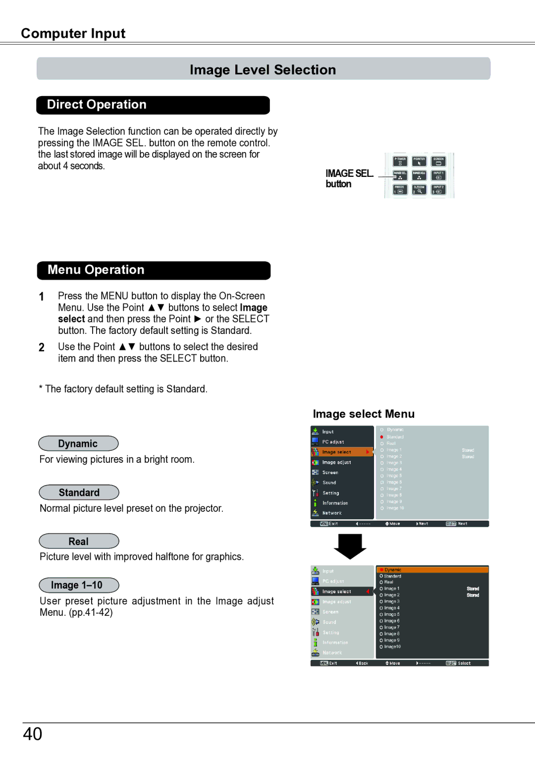 Sanyo PLC-ZM5000L owner manual Computer Input Image Level Selection, Image select Menu 