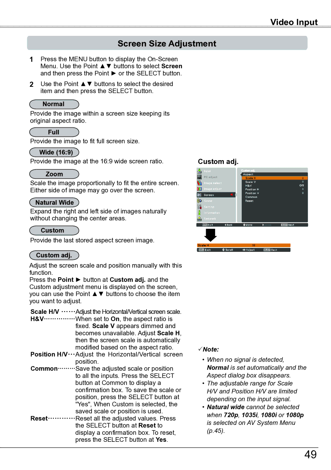 Sanyo PLC-ZM5000L owner manual Video Input Screen Size Adjustment, Natural Wide, ……………When set to On, the aspect ratio is 