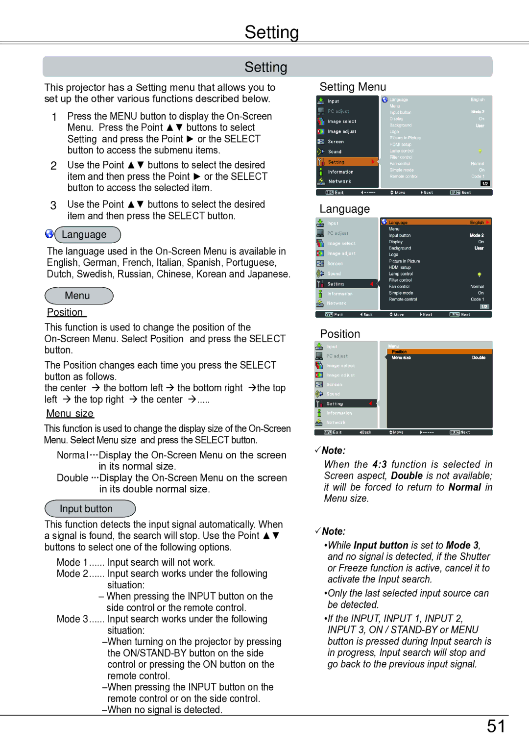 Sanyo PLC-ZM5000L owner manual Setting Menu Language Position 