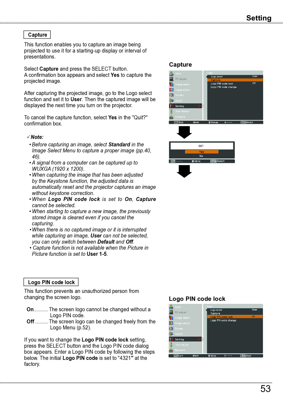 Sanyo PLC-ZM5000L owner manual Capture Logo PIN code lock 