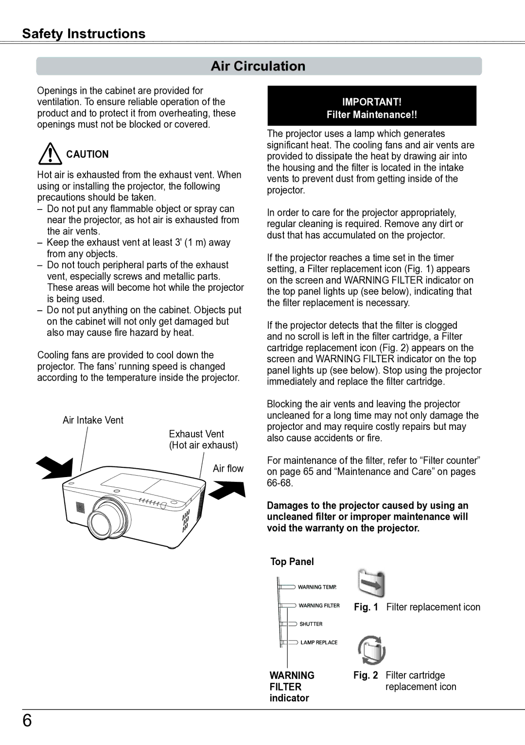 Sanyo PLC-ZM5000L owner manual Safety Instructions Air Circulation, Top Panel, Filter, Indicator 