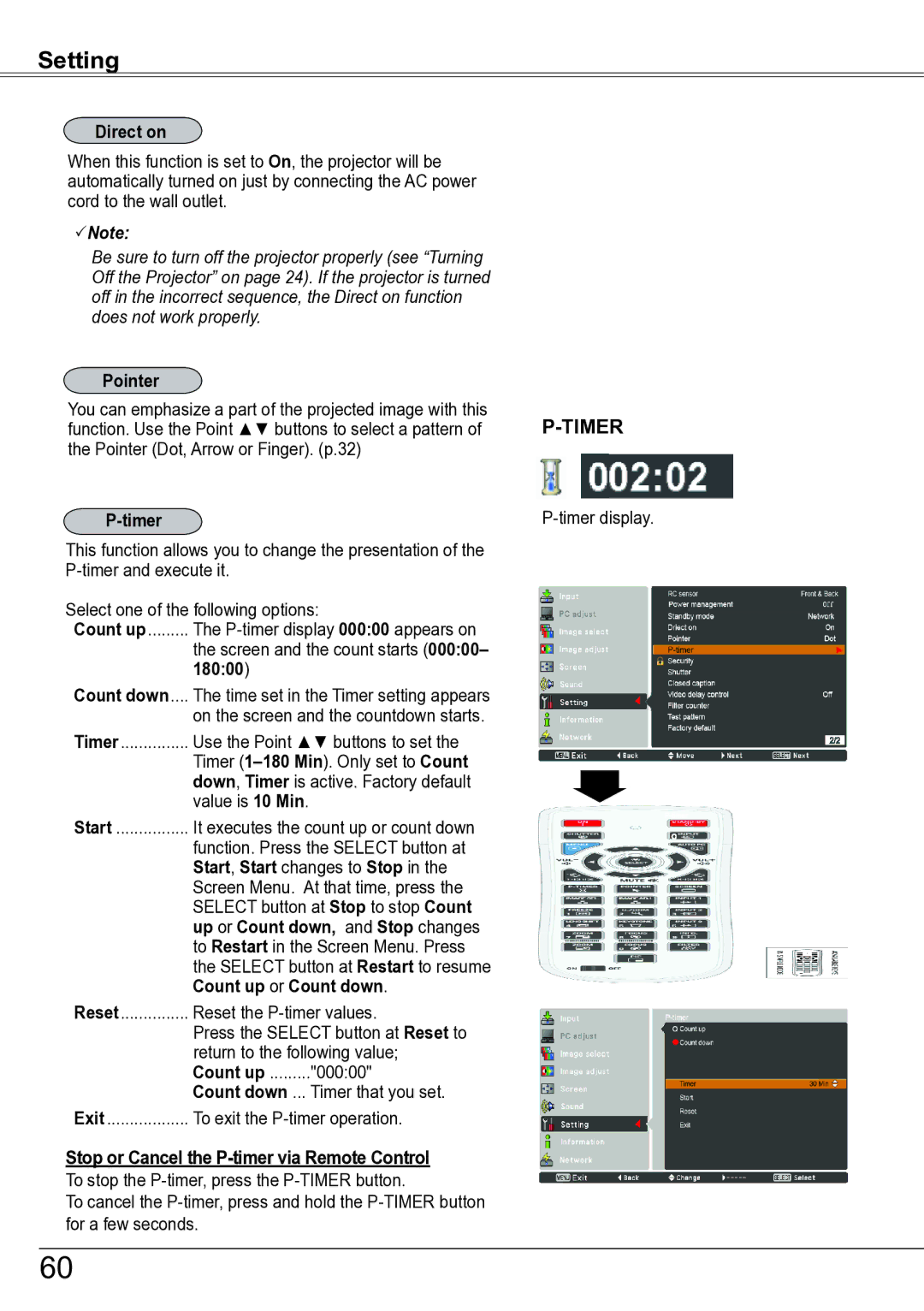 Sanyo PLC-ZM5000 Direct on, Pointer, Timer, 18000, Count up or Count down, Stop or Cancel the P-timer via Remote Control 