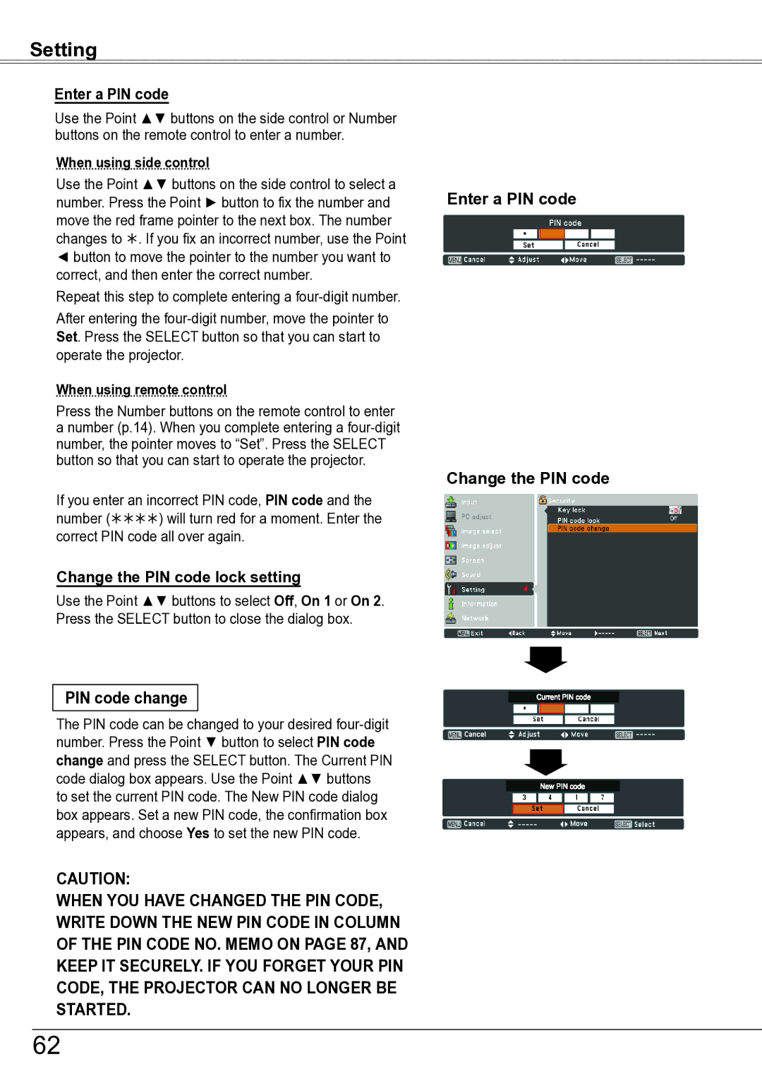 Sanyo PLC-ZM5000L owner manual PIN code change, Enter a PIN code, Change the PIN code lock setting 