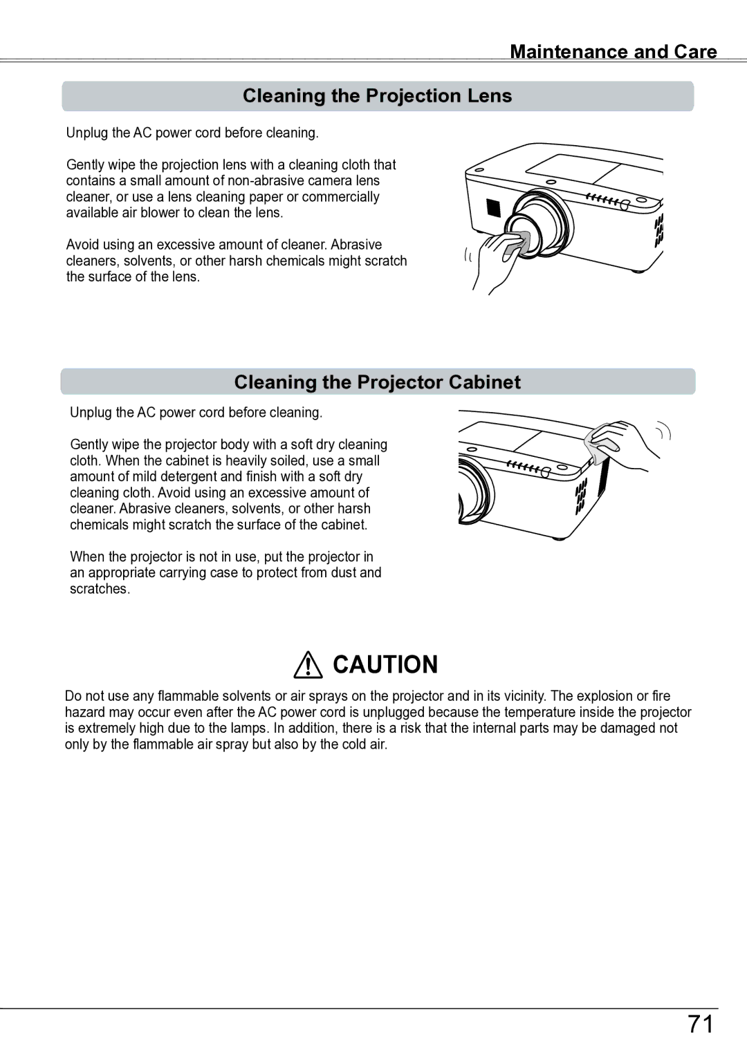 Sanyo PLC-ZM5000L owner manual Maintenance and Care Cleaning the Projection Lens, Cleaning the Projector Cabinet 