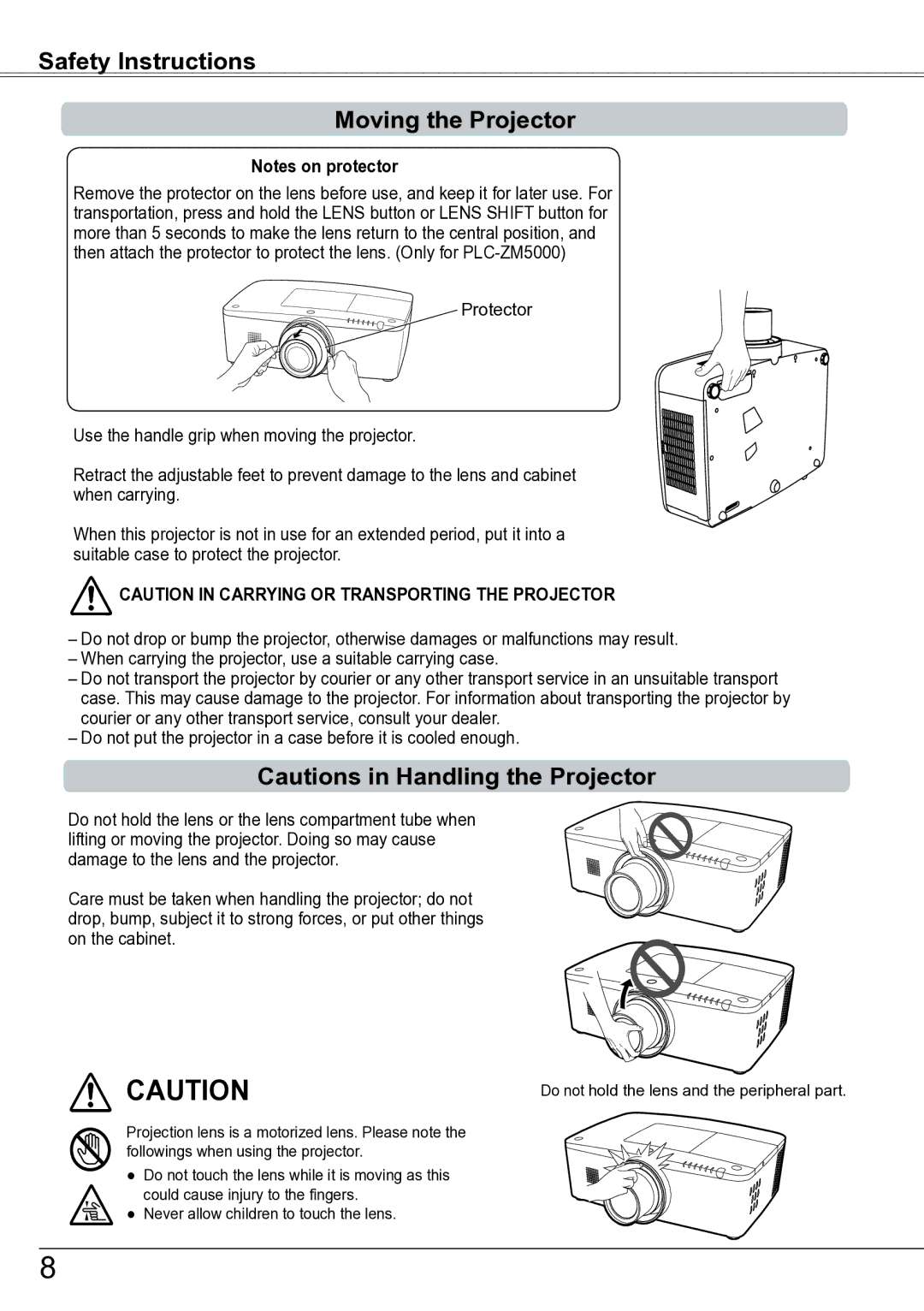 Sanyo PLC-ZM5000L owner manual Safety Instructions Moving the Projector 