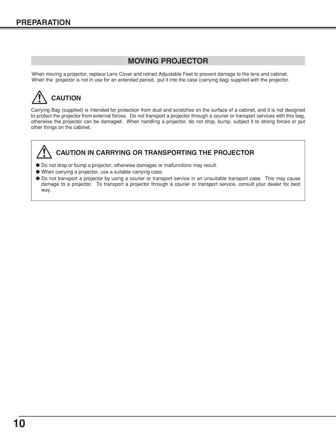 Sanyo PLCSW20AR owner manual Preparation Moving Projector 