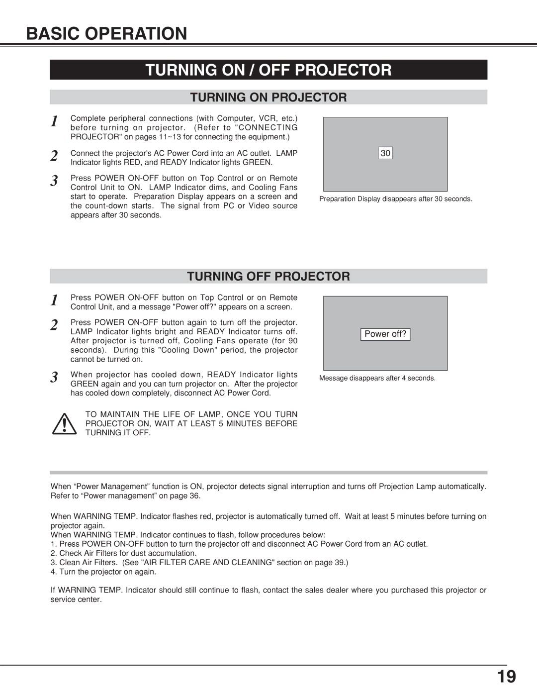 Sanyo PLCSW20AR owner manual Basic Operation, Turning on / OFF Projector, Turning on Projector, Turning OFF Projector 