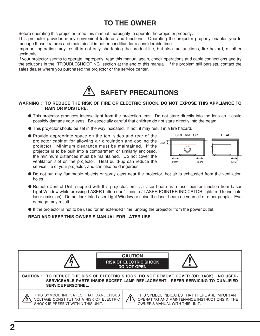 Sanyo PLCSW20AR owner manual To the Owner 