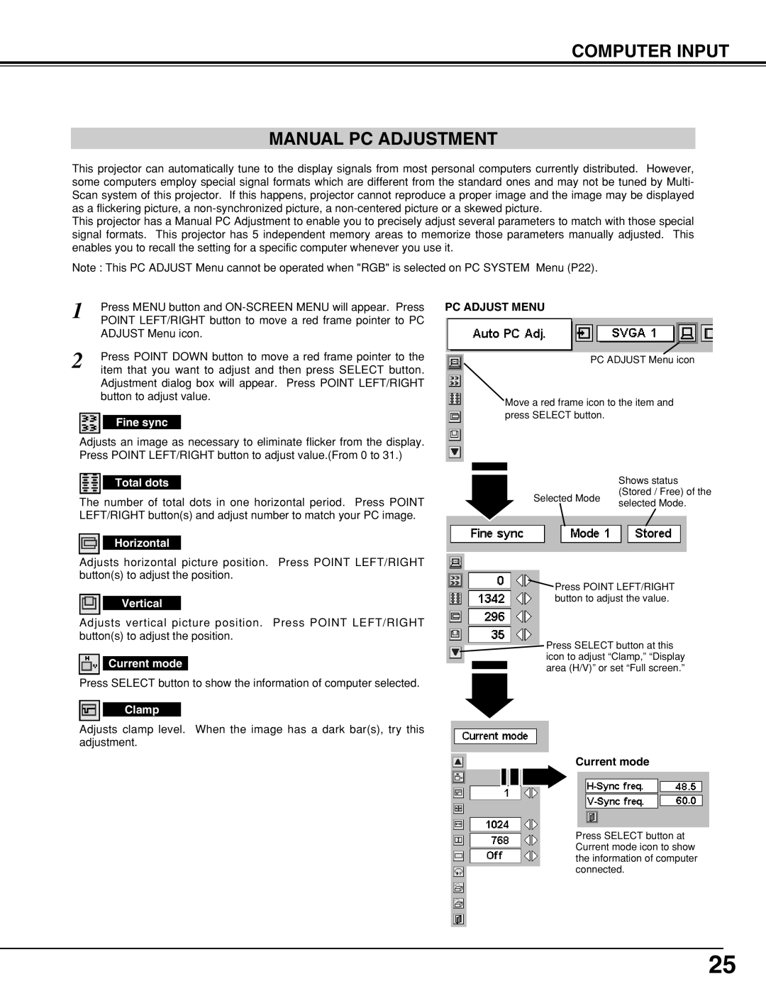 Sanyo PLCSW20AR owner manual Computer Input Manual PC Adjustment 