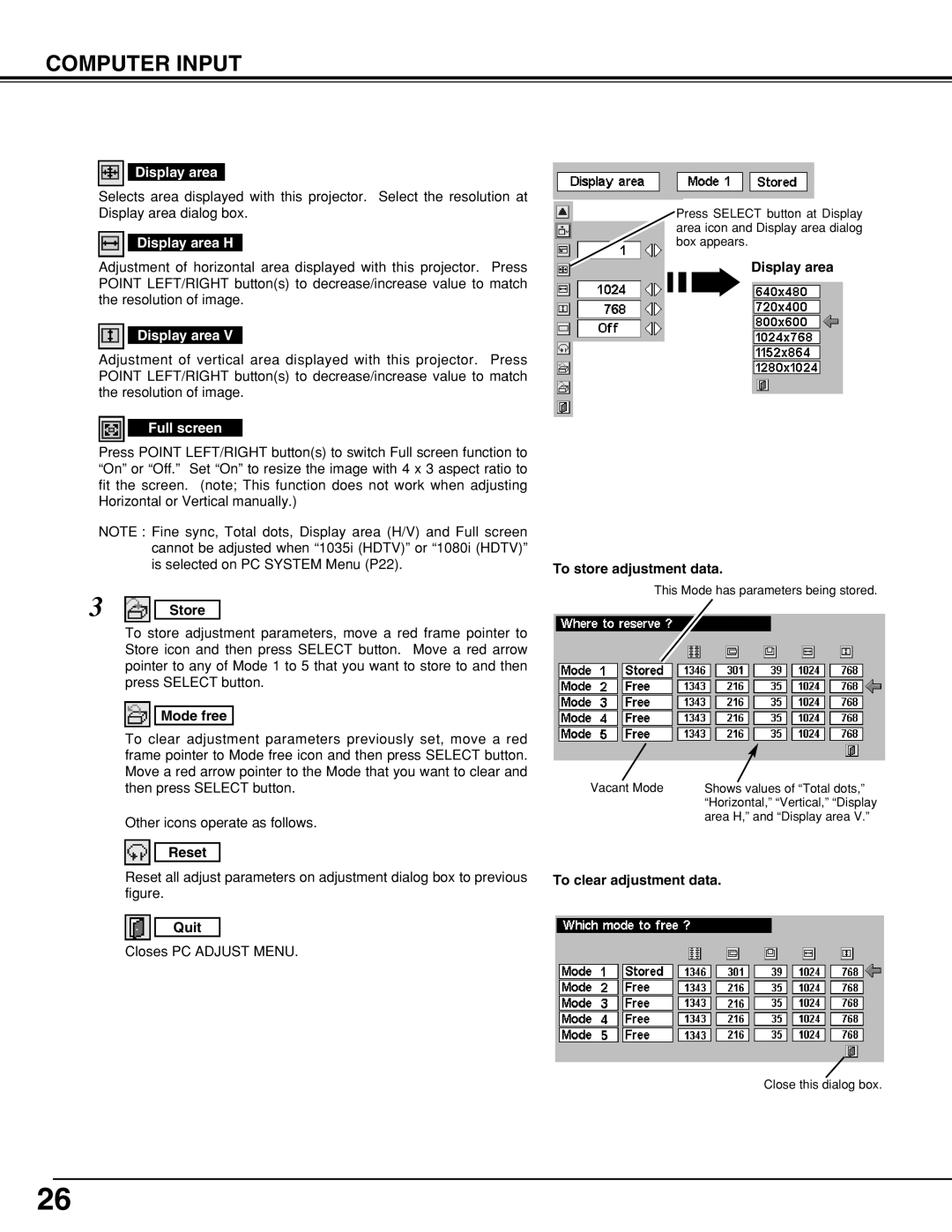 Sanyo PLCSW20AR owner manual Display area H, Full screen, Closes PC Adjust Menu 