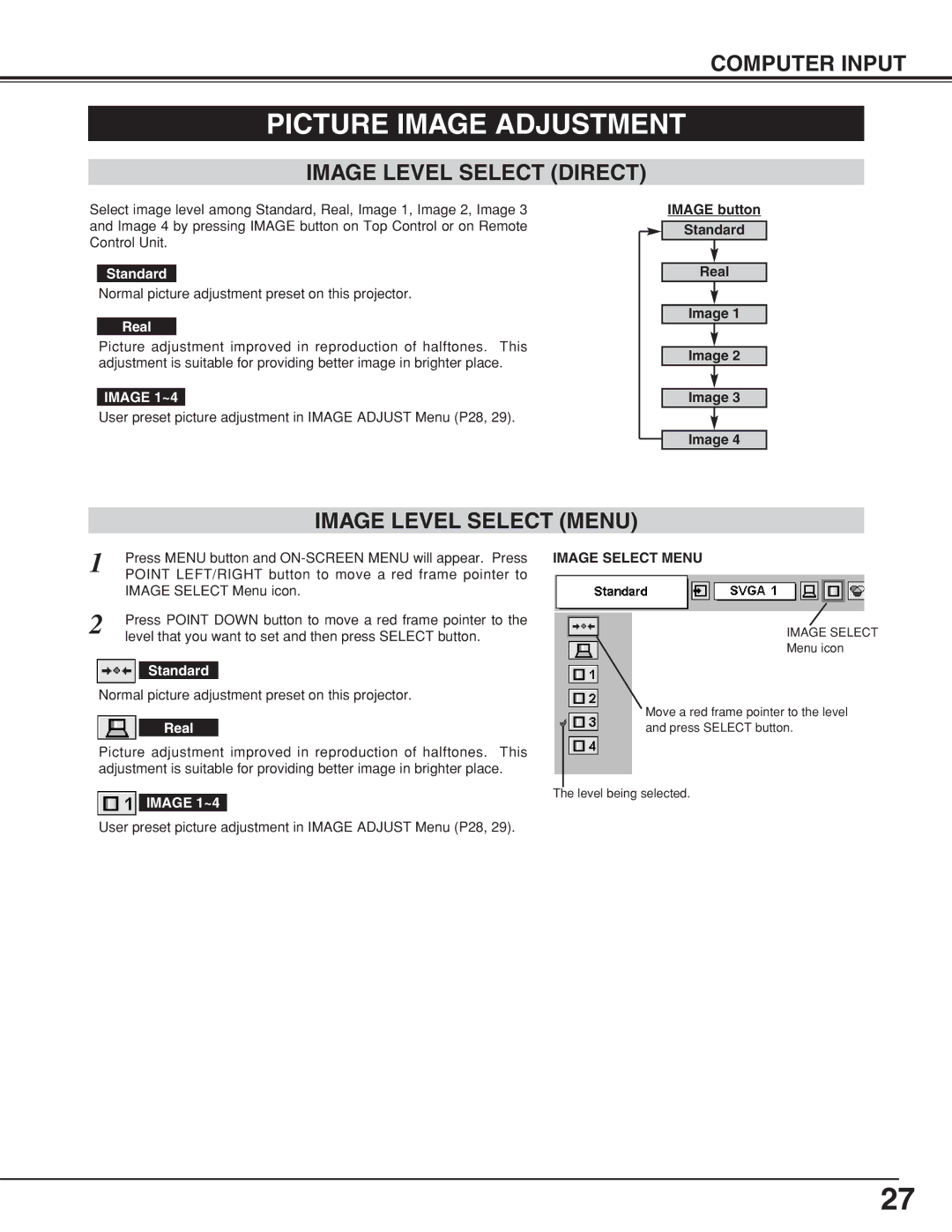 Sanyo PLCSW20AR Picture Image Adjustment, Image Level Select Direct, Image Level Select Menu, Image 1~4, Image Select Menu 