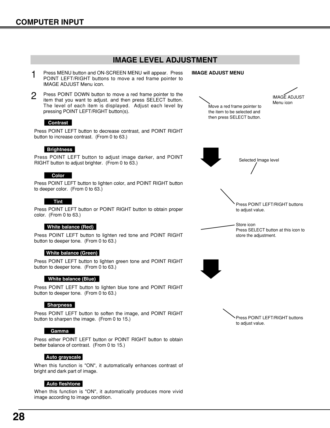 Sanyo PLCSW20AR owner manual Computer Input Image Level Adjustment, Image Adjust Menu 