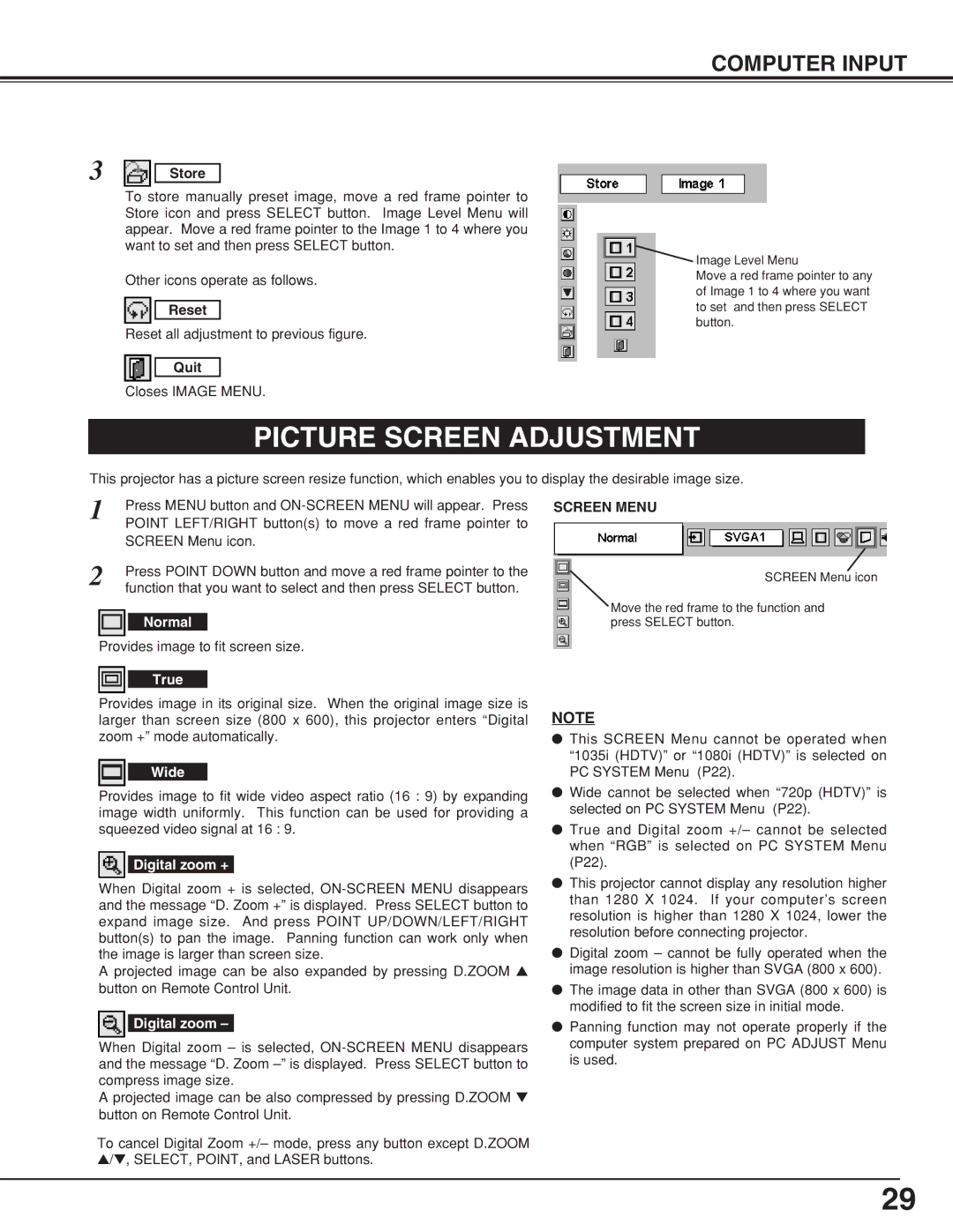 Sanyo PLCSW20AR owner manual Picture Screen Adjustment, Screen Menu 